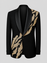 Black ceremony jacket with gold flame embroidery and satin shawl lapels.