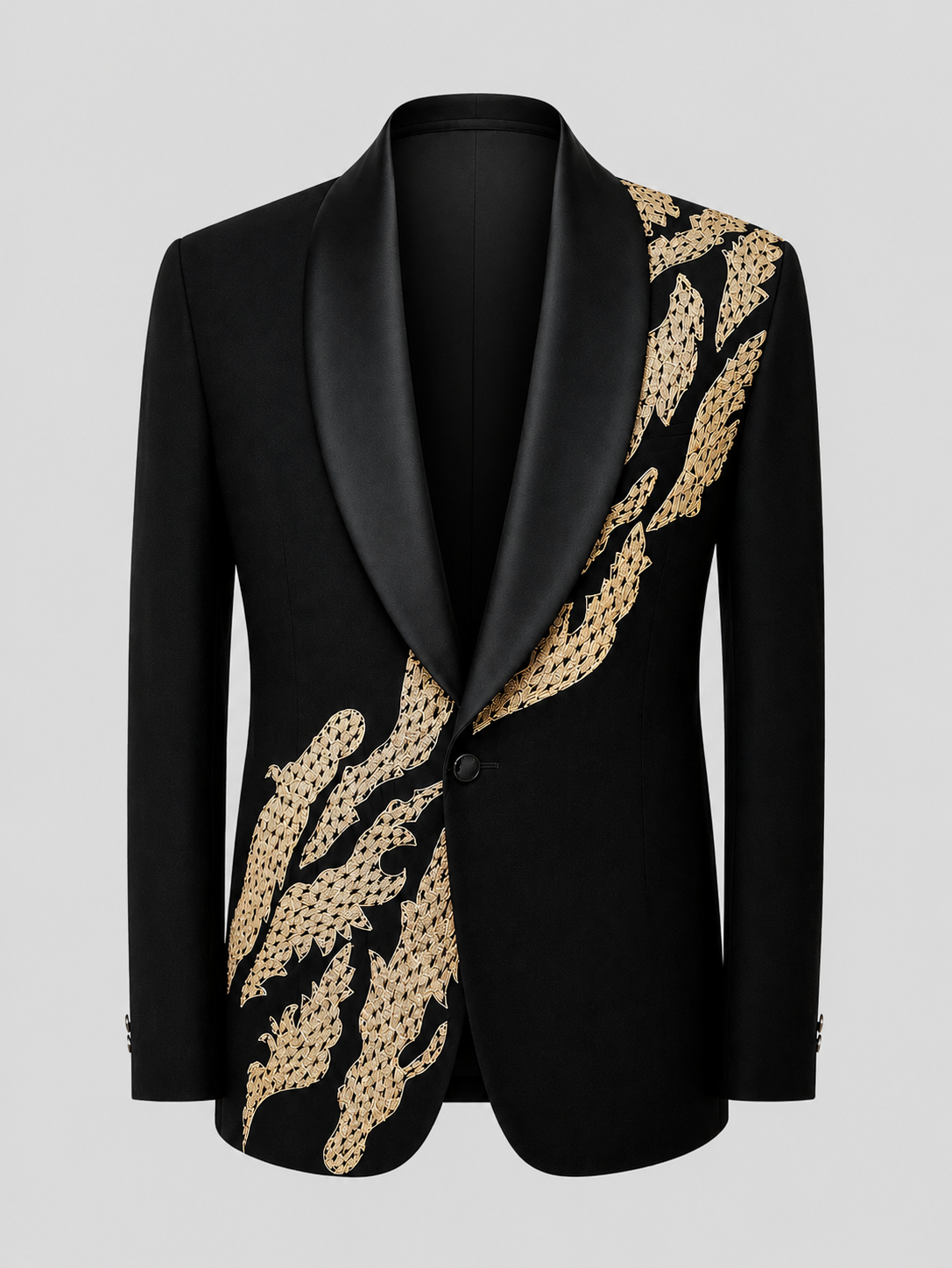 Black ceremony jacket with gold flame embroidery and satin shawl lapels.