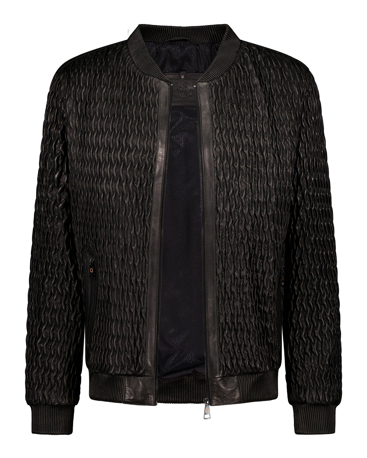 URBBANA black Icon ruched leather bomber jacket.