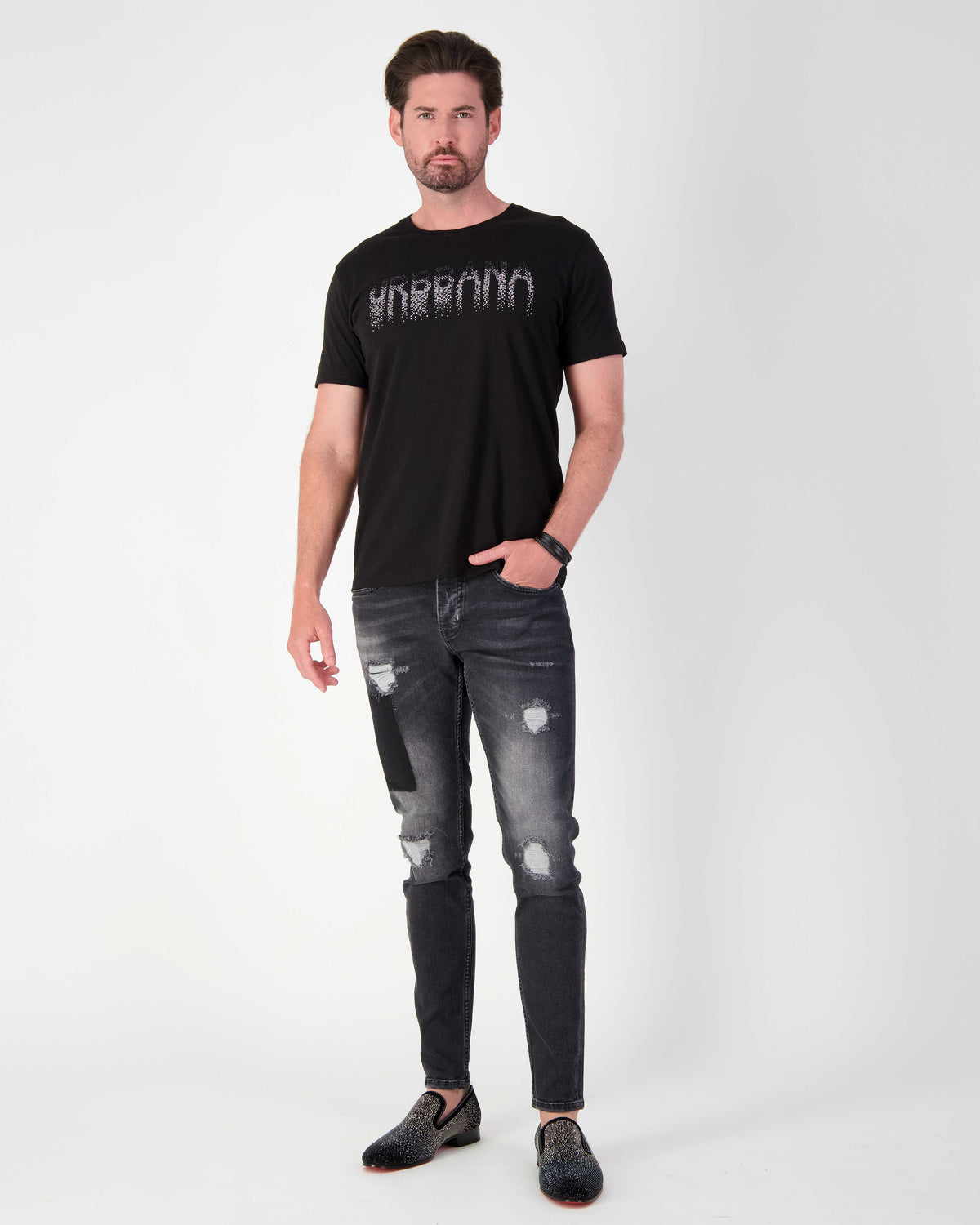 URBBANA black cotton T-shirt with rhinestone embellishment.