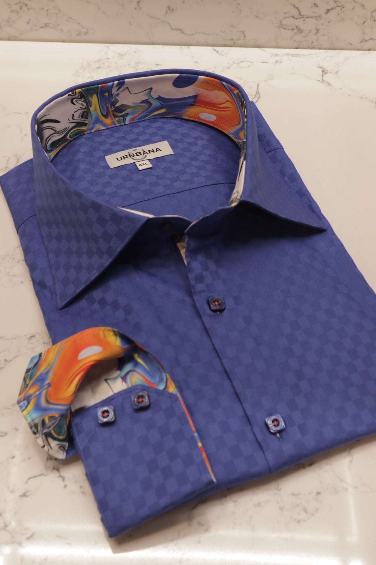 URBBANA blue jacquard shirt with check pattern.