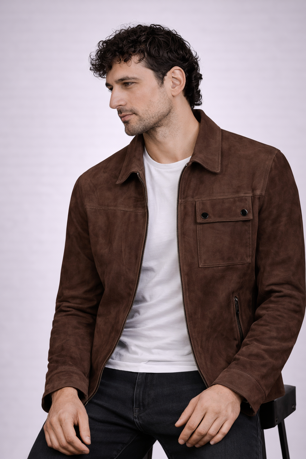 URBBANA brown suede trucker jacket.