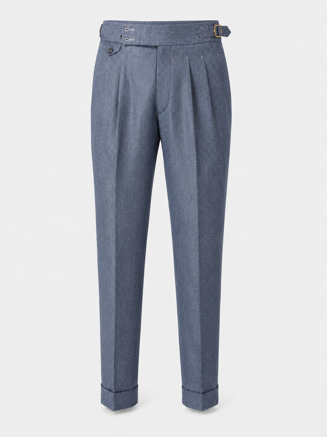 Byron denim-blue pleated trousers with side adjusters and cuffed hems.