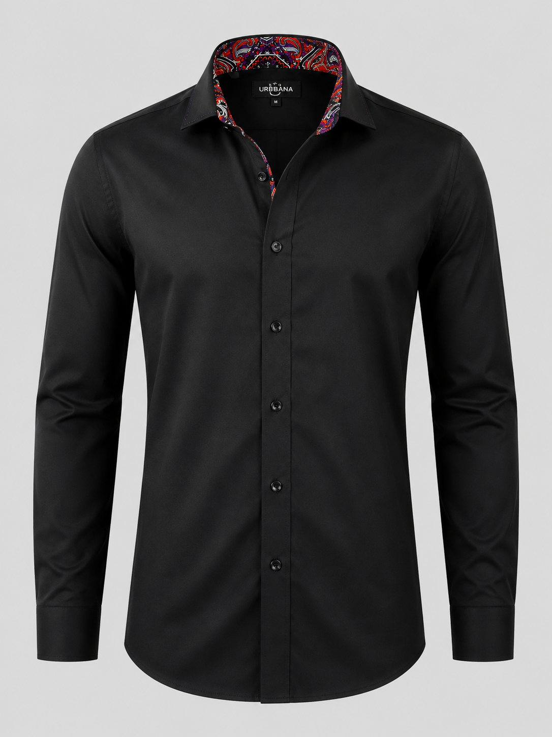 Black Dawson shirt with red and blue paisley collar lining, shown from the front.