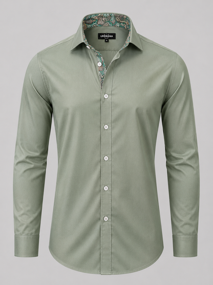 Pastel green Dawson shirt with green paisley collar lining, shown from the front.