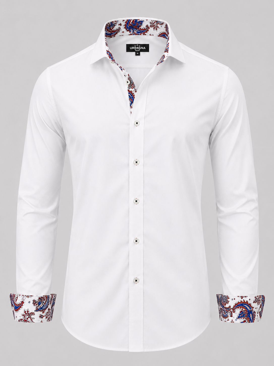 White Dawson shirt with red and blue paisley collar and turned-back cuffs.