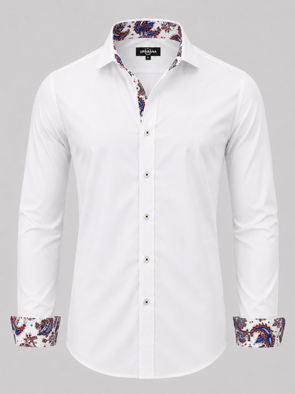 White Dawson shirt with red and blue paisley collar and turned-back cuffs.