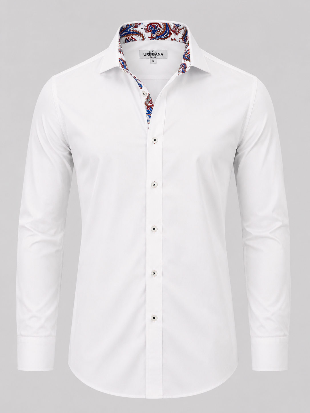 White Dawson shirt with red and blue paisley collar lining, shown from the front.