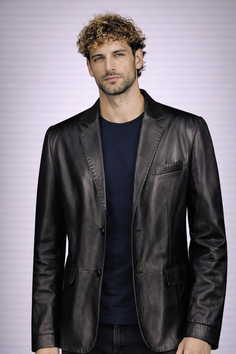 URBBANA De Niro Black Leather Blazer.