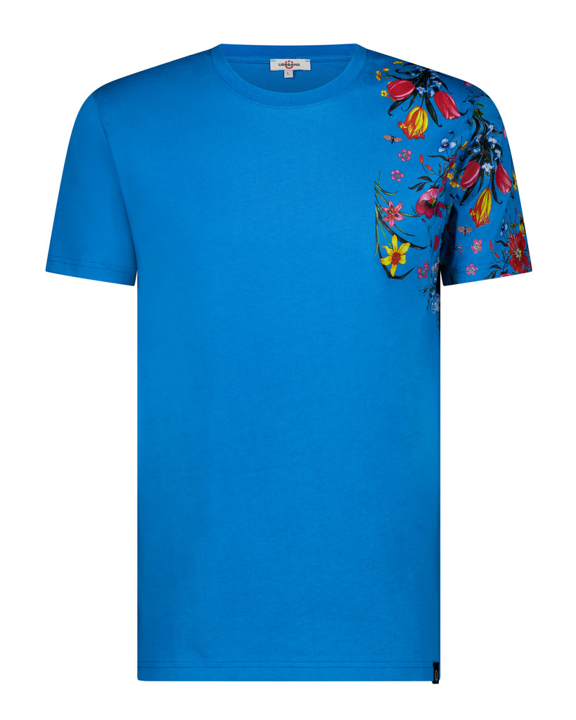 Fine Cotton T-shirt with Shoulder Floral Print - Blue - Handmade T-Shirts