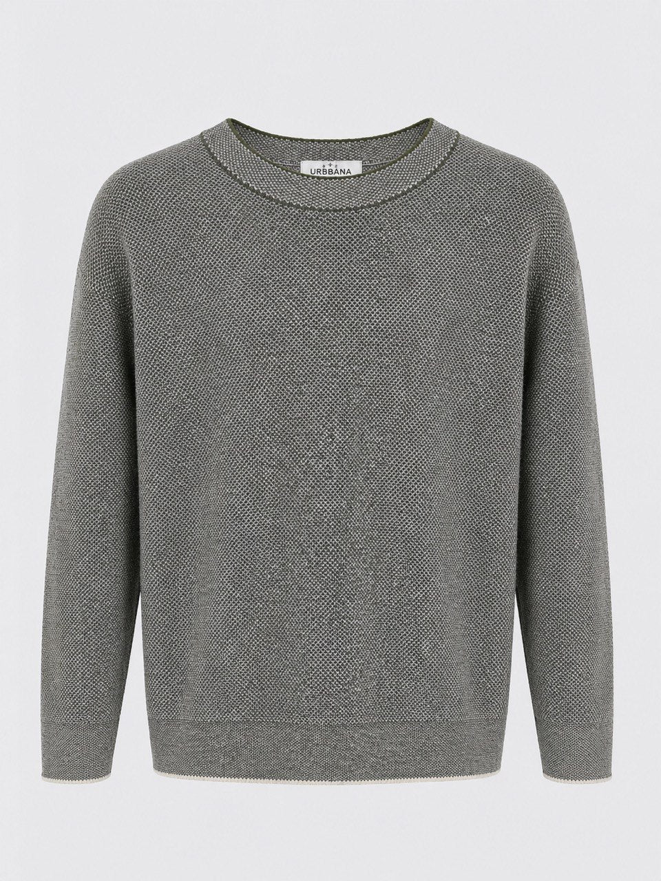 Grey long-sleeve knitted crew-neck sweater, shown from the front.