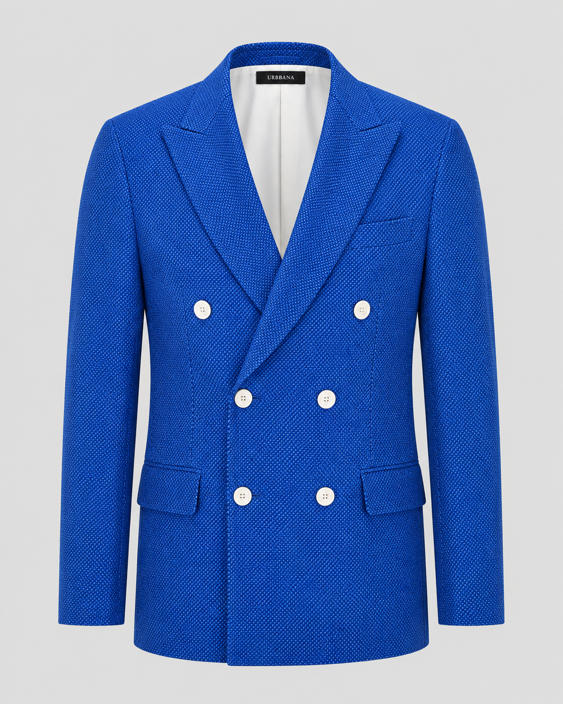 Cobalt blue Hamilton double-breasted blazer with peak lapels and white buttons.