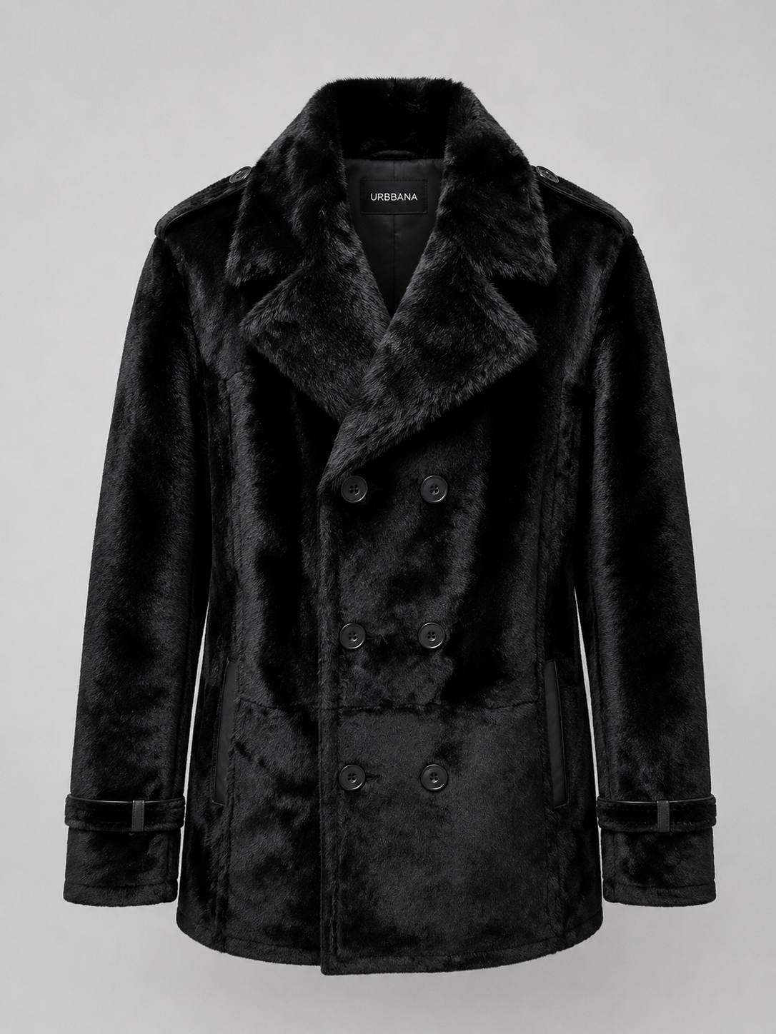 Black kangaroo fur leather jacket with wide lapels and a double-breasted front.
