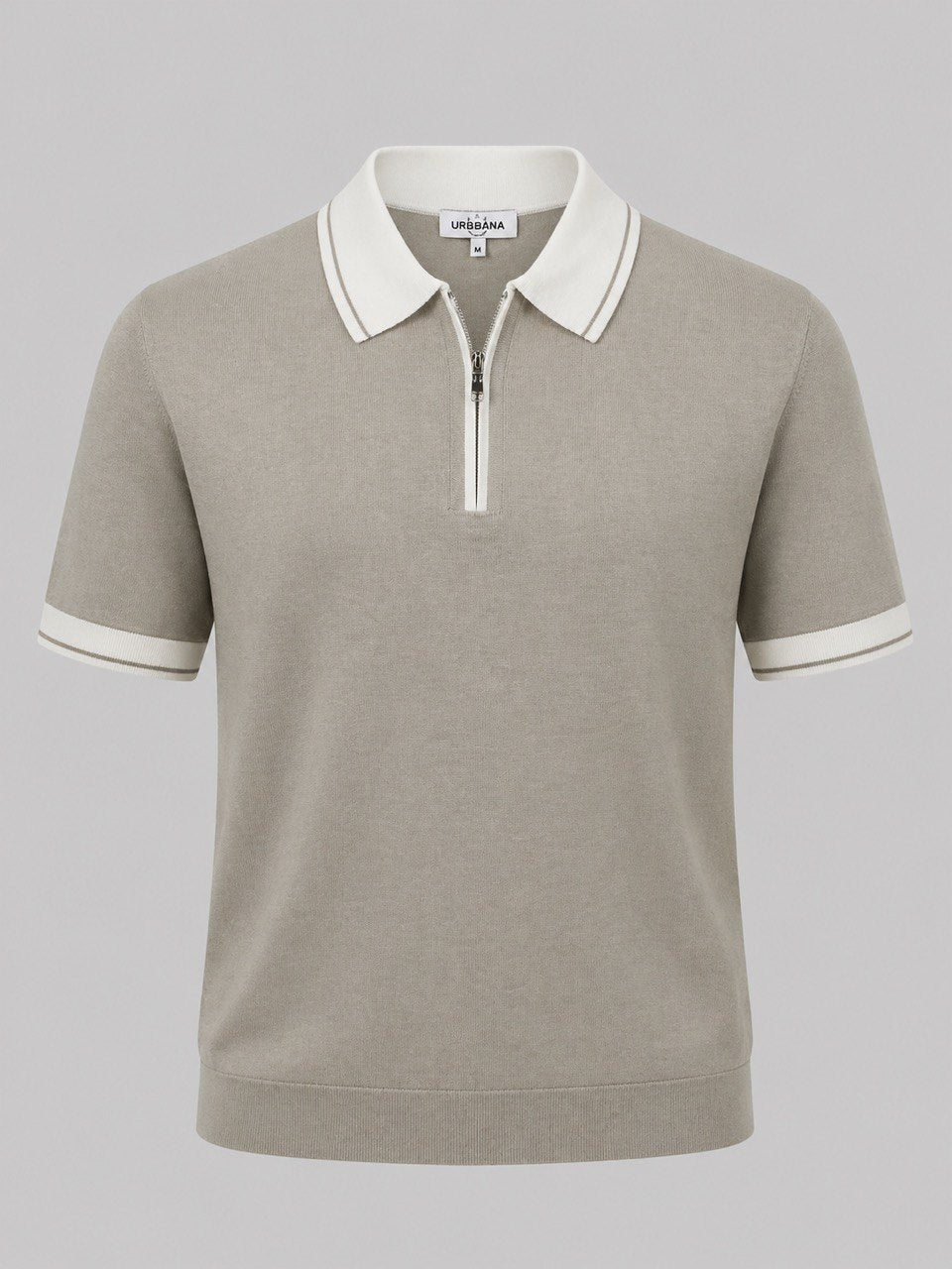 Light grey short-sleeve knitted polo shirt with white trim.