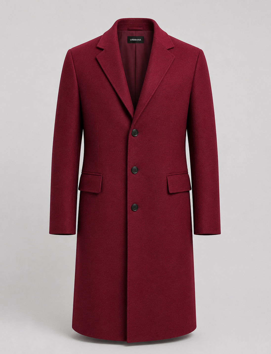 Burgundy red London single-breasted overcoat with notch lapels.