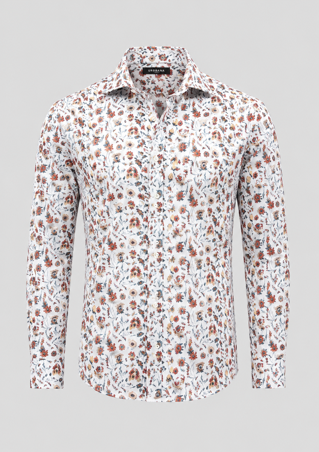 Matisse shirt with a white ditsy floral print in rust and sage, shown from the front.