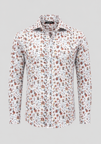 Matisse shirt with a white ditsy floral print in rust and sage, shown from the front.