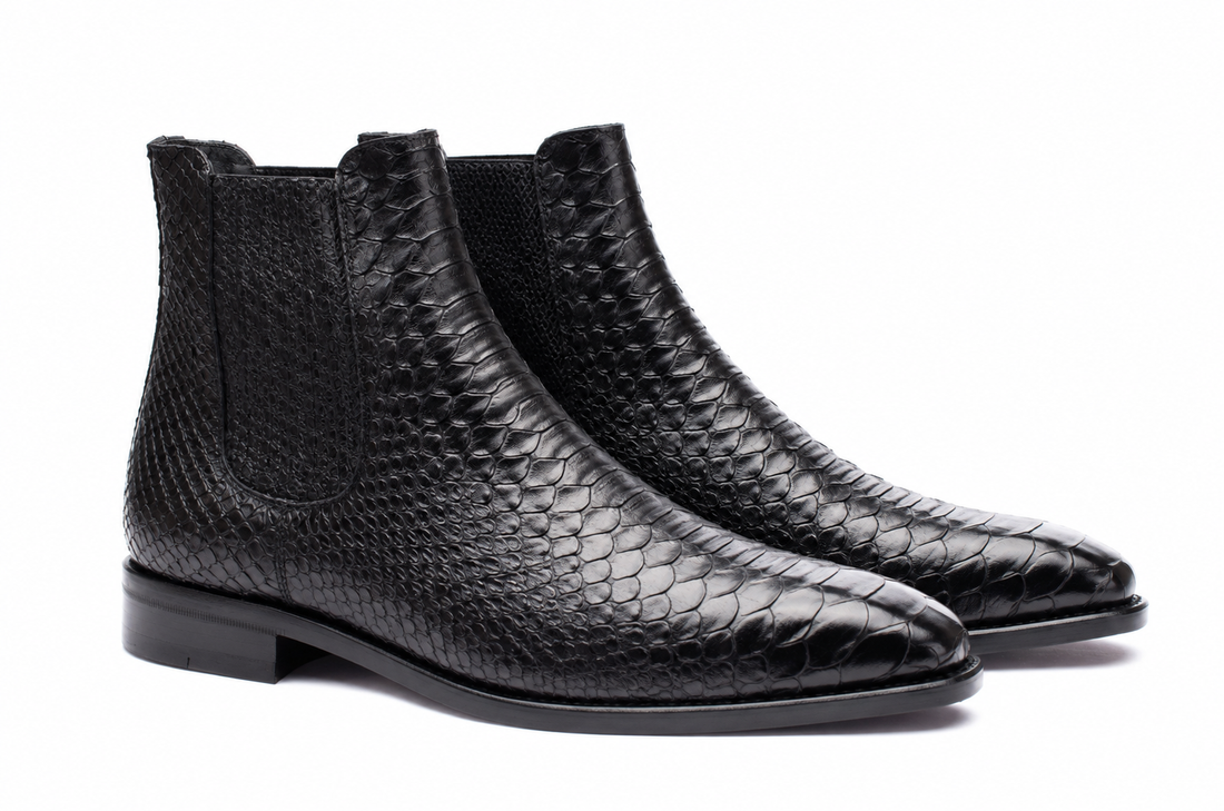 URBBANA Black Snakeskin Chelsea Boots, studio pair.