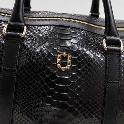 URBBANA Nuno Black Python Duffel Bag, python texture detail.