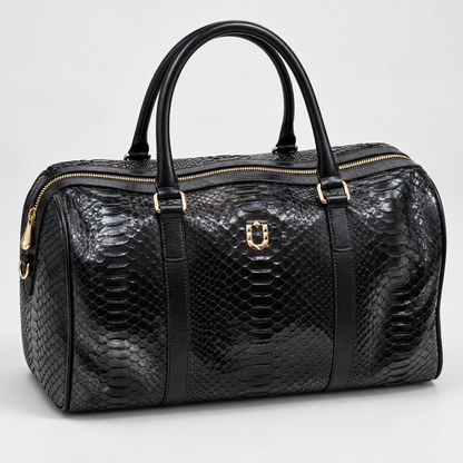 URBBANA Nuno Black Python Duffel Bag, three-quarter view.
