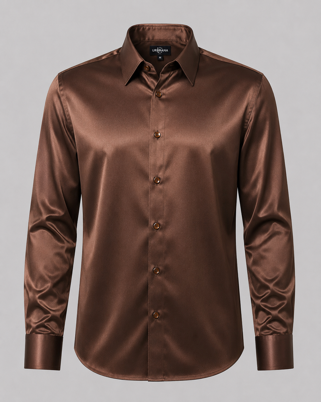 Amber brown mulberry silk shirt with a lustrous finish, shown from the front.