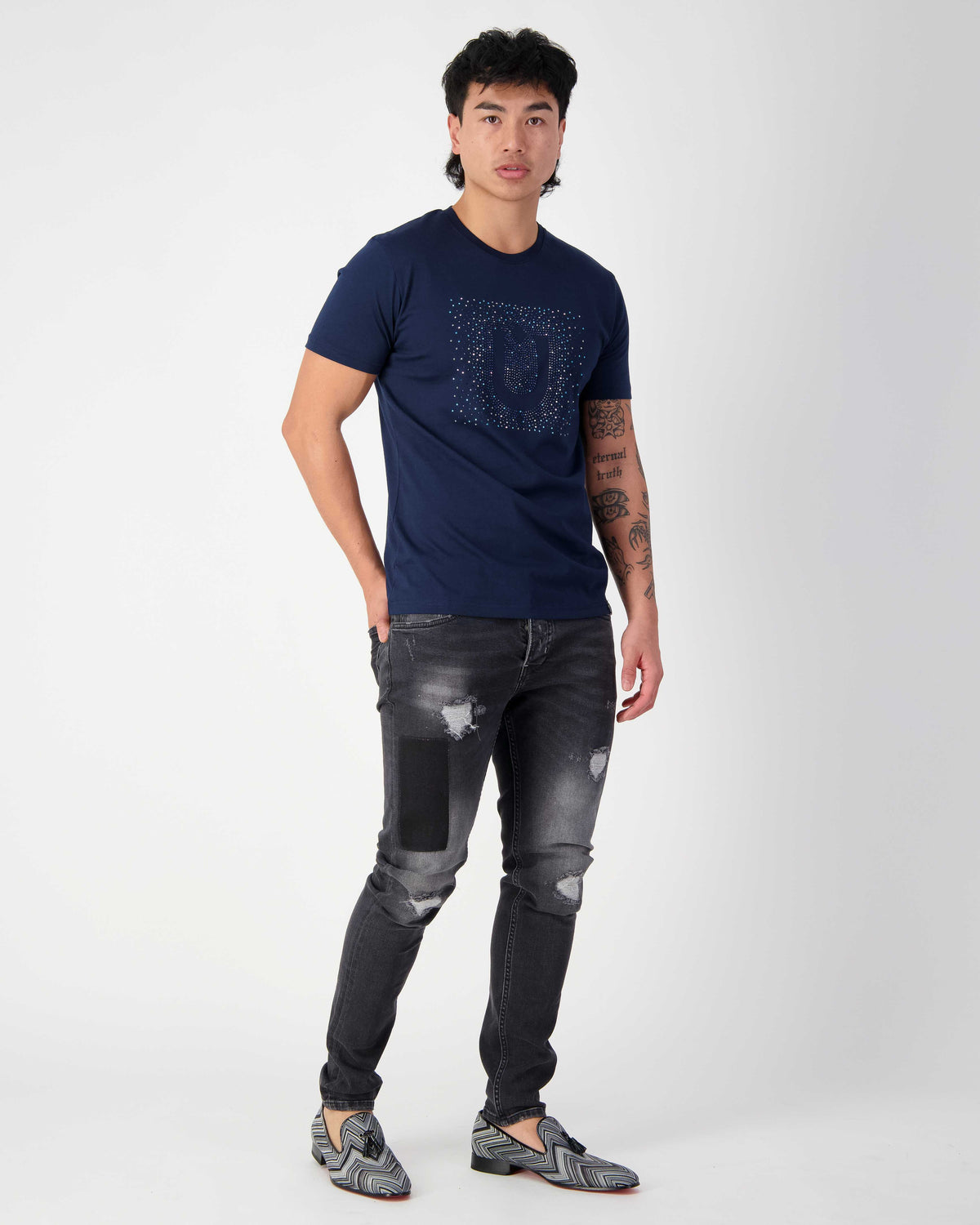 URBBANA navy cotton T-shirt with crystal-U embellishment.