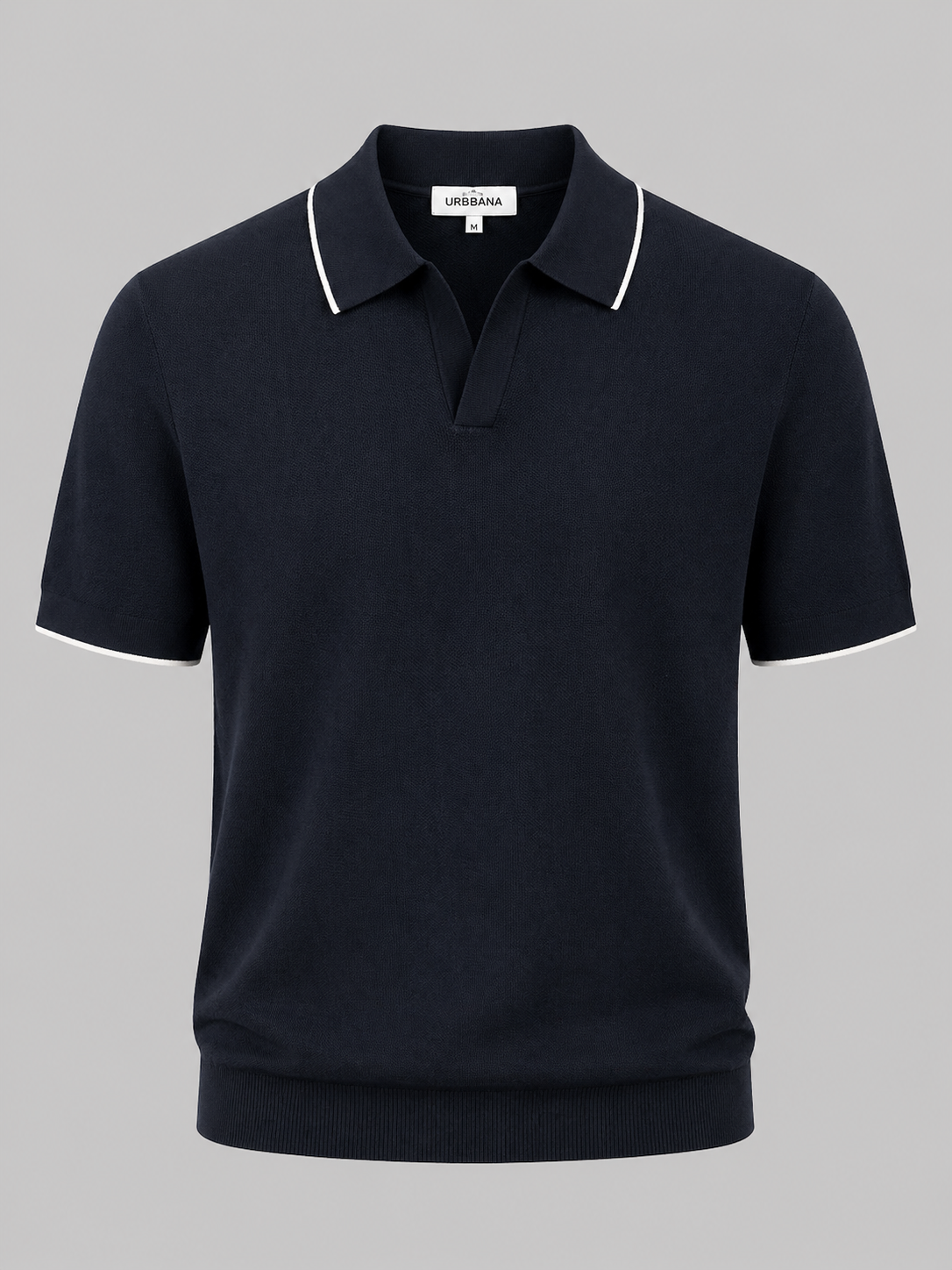 Navy short-sleeve knitted polo shirt with white collar trim.