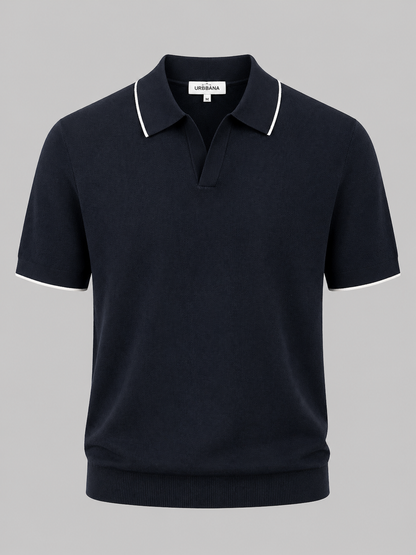 Navy short-sleeve knitted polo shirt with white collar trim.