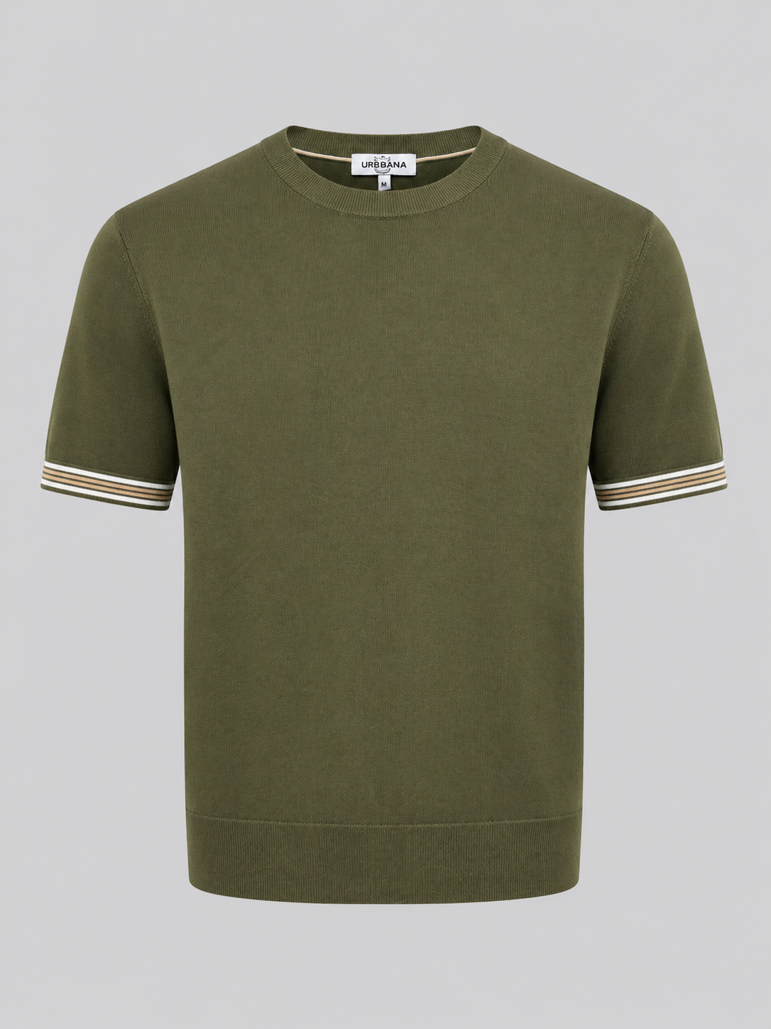 Olive green knitted crew-neck shirt with striped sleeve cuffs.