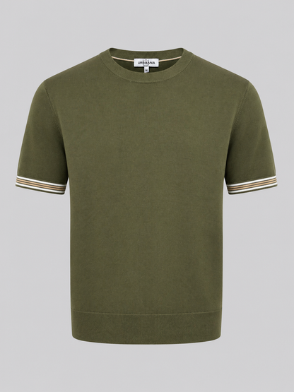 Olive green knitted crew-neck shirt with striped sleeve cuffs.