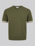 Olive green knitted crew-neck shirt with striped sleeve cuffs.