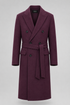 Plum Oslo double-breasted overcoat with peak lapels and a waist belt.