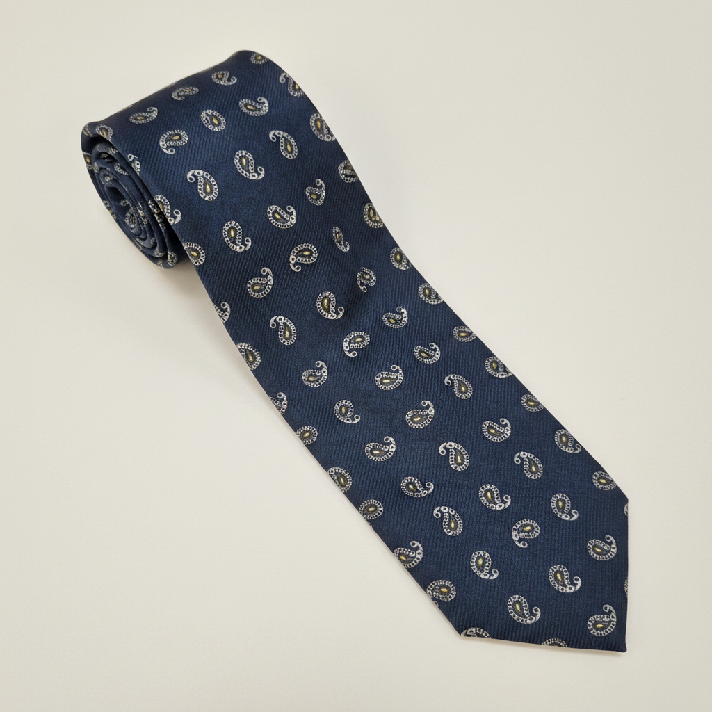 Roma silk tie in navy with small silver paisley motifs.