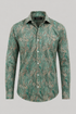 Schopenhauer shirt with an intricate green paisley print, shown from the front.