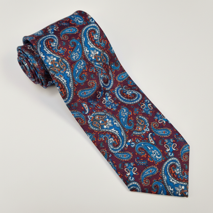 Venezia silk tie with turquoise, burgundy and blue paisley.