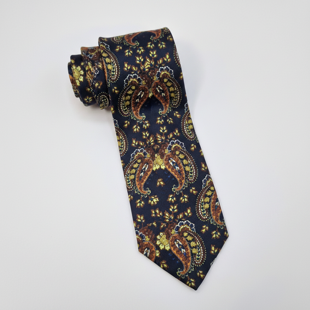 Verona silk tie in navy with gold and olive paisley.