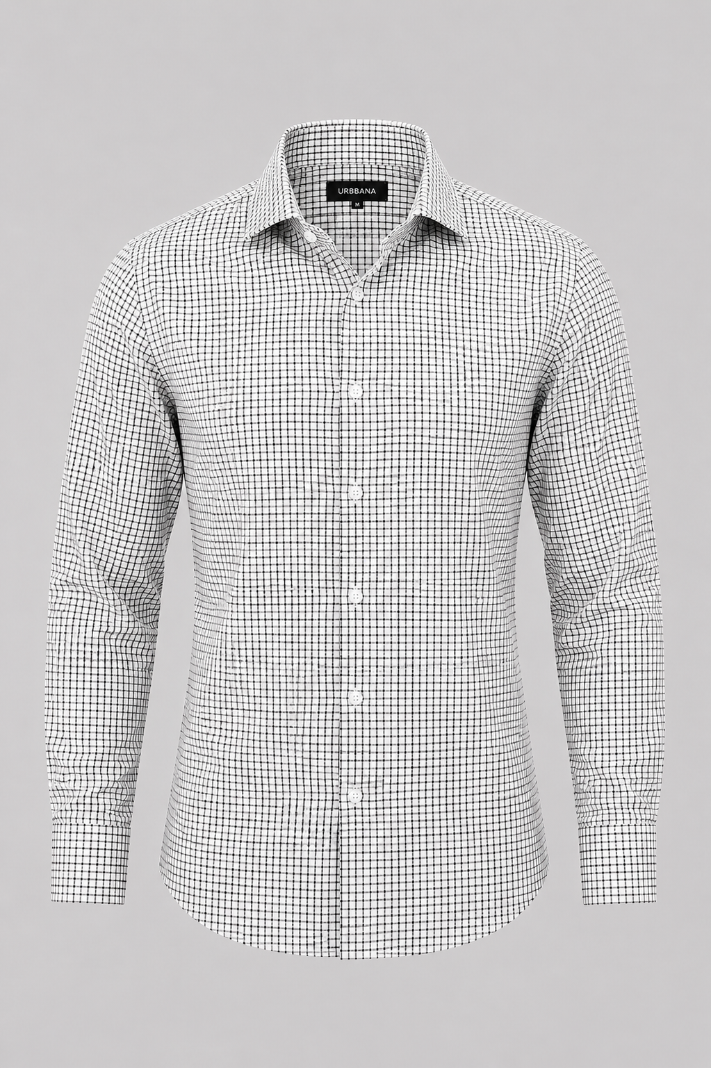 Grey Warhol check shirt with a fine geometric pattern, shown from the front.
