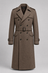 Brown herringbone Warsaw field coat with belt, epaulettes and double-breasted front.