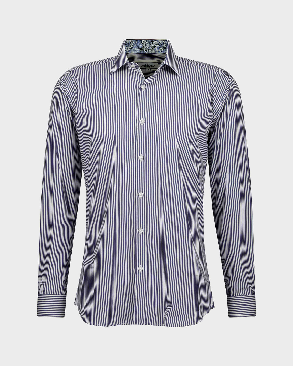 URBBANA white shirt with blue stripes.