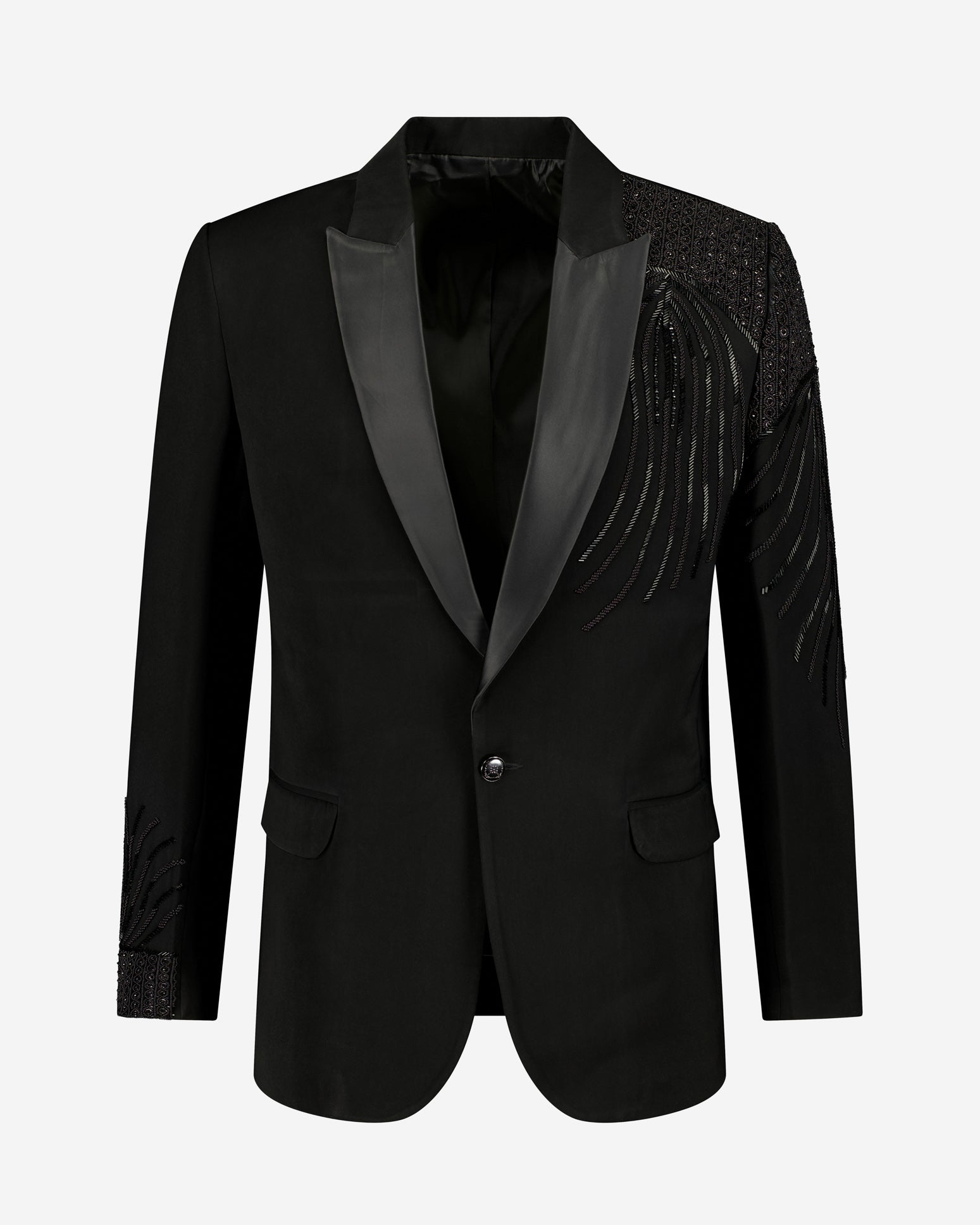 Versailles Ceremony Jacket — opulent baroque jacquard jacket with intricate crystal-beaded embroidery and gold detailing, ideal for formal occasions