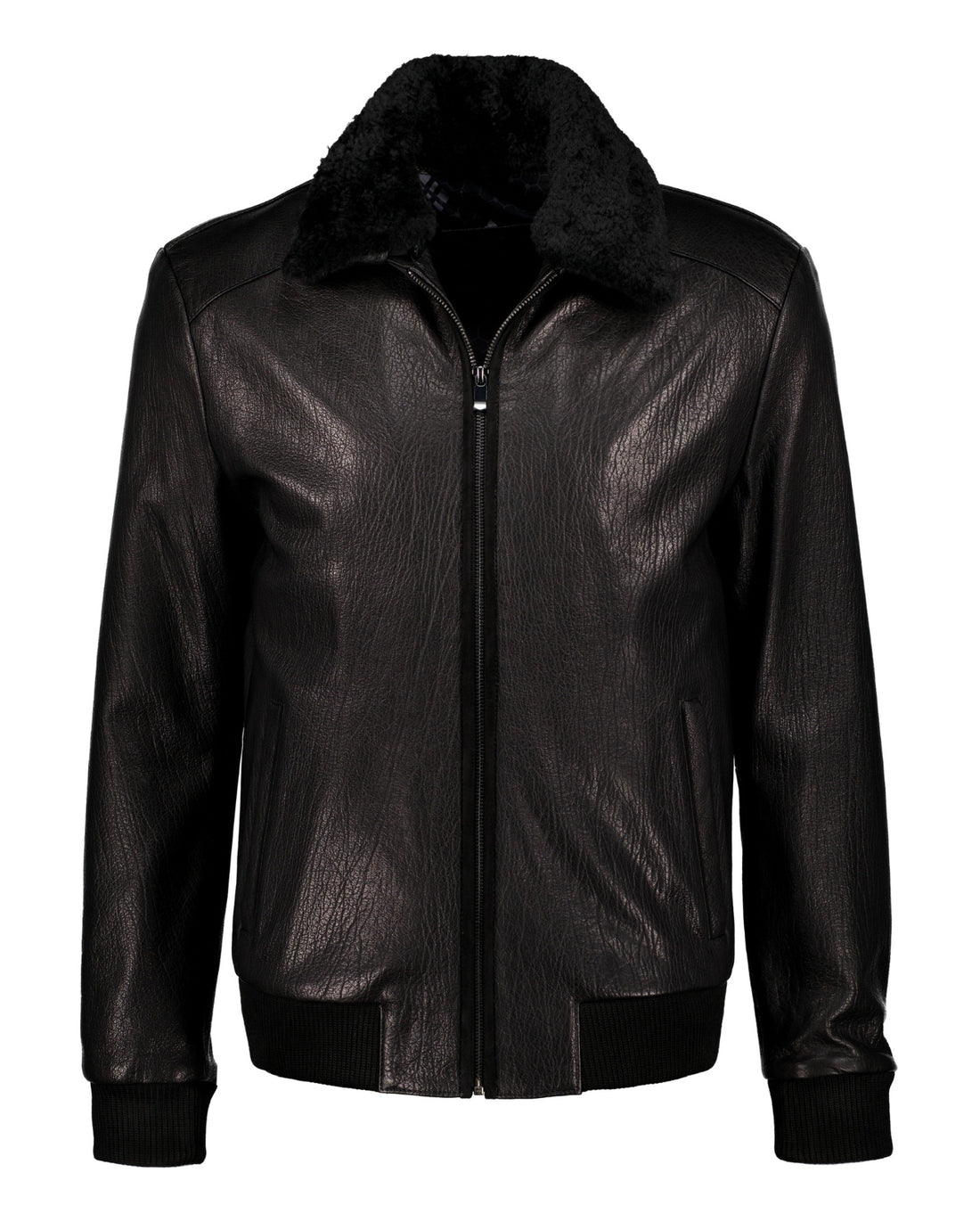 Shearling Collar Leather Jacket - Black - Leather Jacket by Urbbana