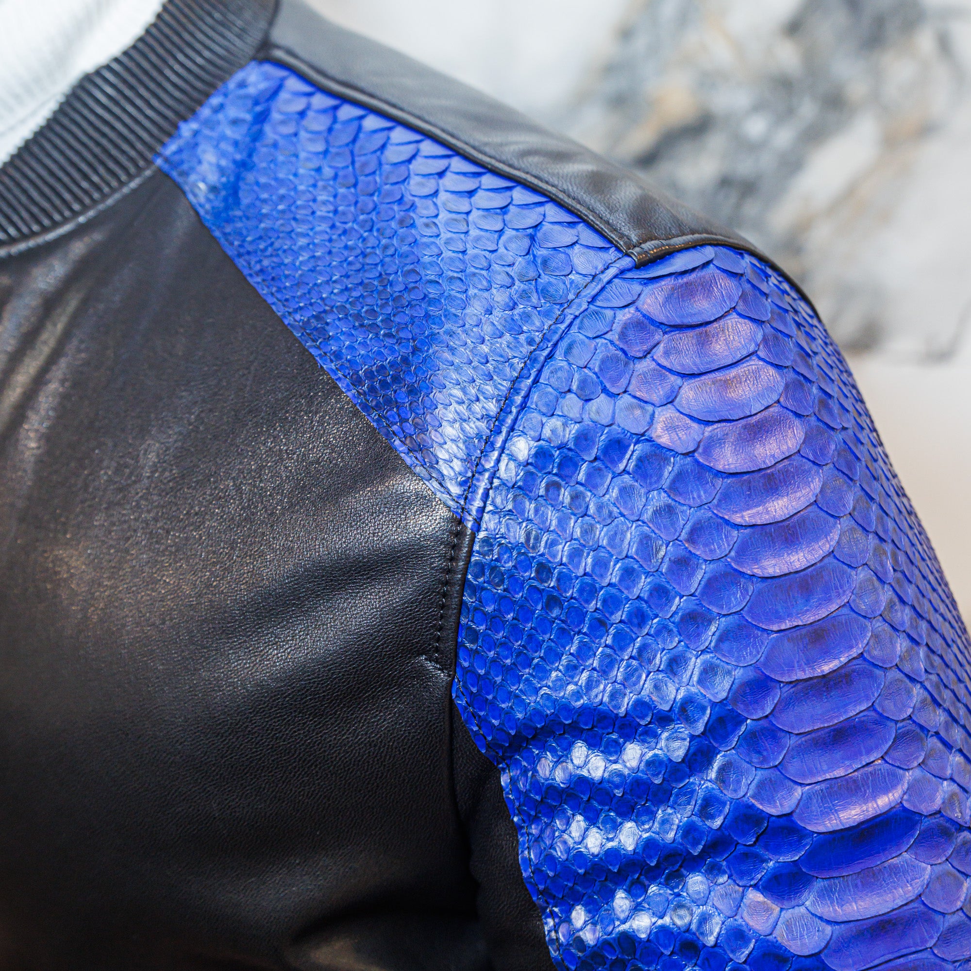 Python and Lambskin Leather Jacket - Blue/Black - Leather Jacket by Urbbana