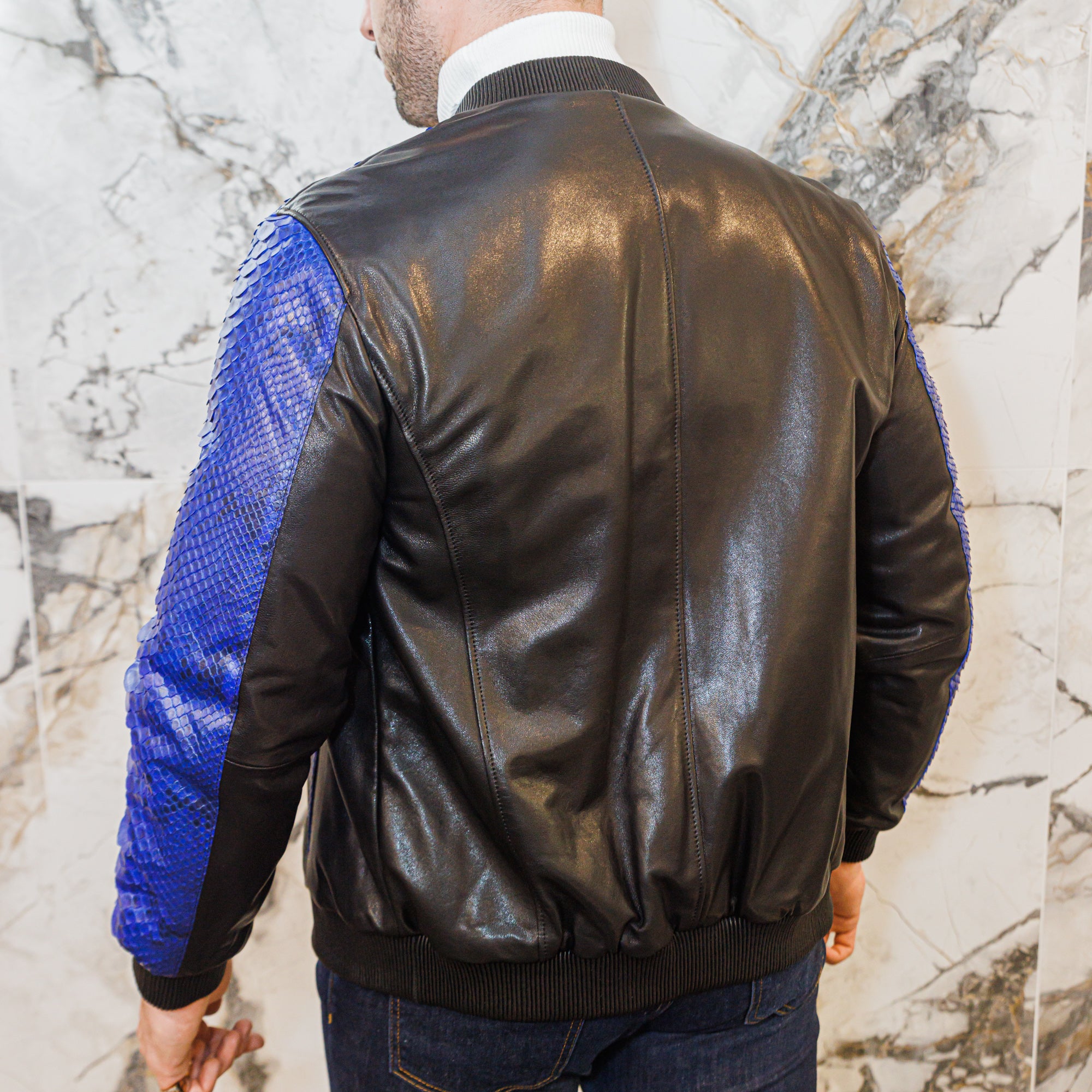 Python and Lambskin Leather Jacket - Blue/Black - Leather Jacket by Urbbana